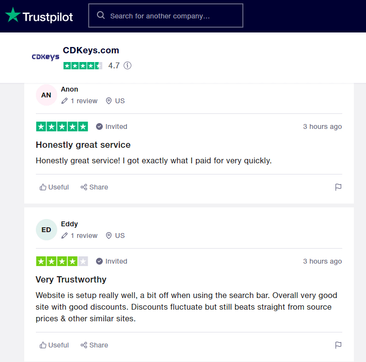 positive reviews on Trustpilot for CDKeys