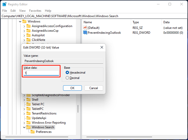 create a PreventIndexingOutlook key
