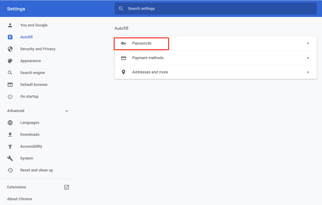 select passwords in Chrome settings