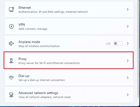 select proxy in network & internet settings