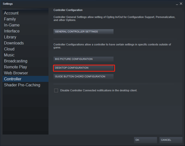 select desktop configuration in controller page of Steam settings