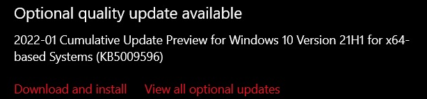 Windows 10 KB5009596 in Windows Update
