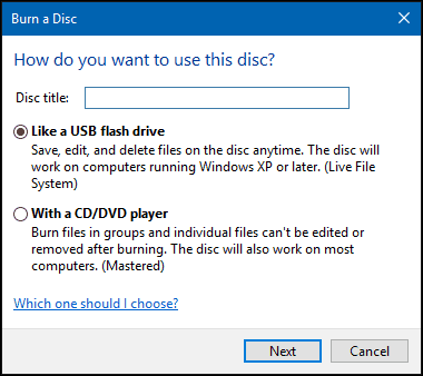 burn a disc window