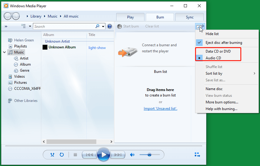 burn CD/DVD in Windows Media Player