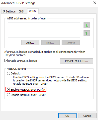 Enable NetBIOS over TCP/IP