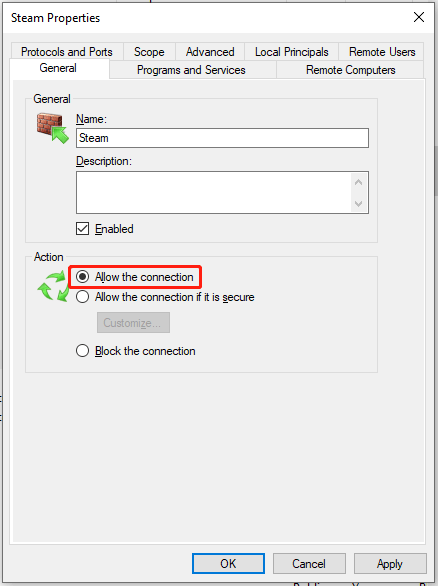 allow connection in Firewall settings