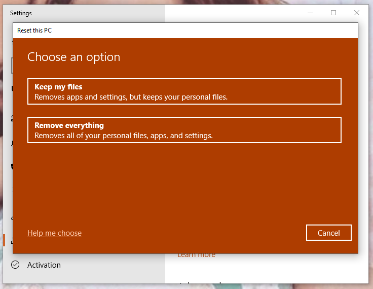 Click Keep my files or Remove everything