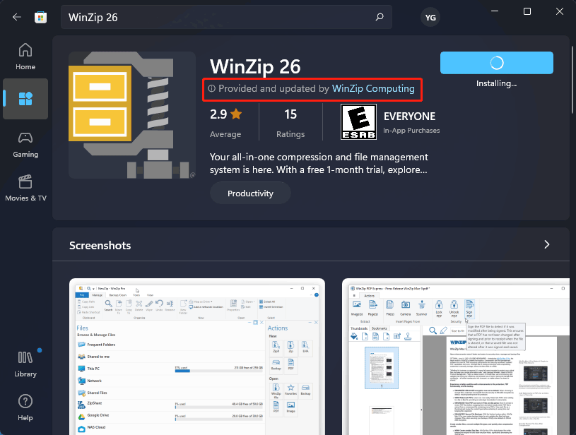 WinZip 26 has its installer in Microsoft Store