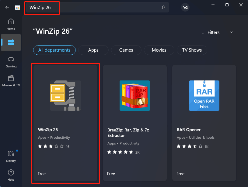 search for WinZip 26 in Microsoft Store