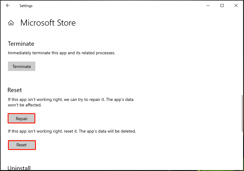 repair or reset app in Windows 10