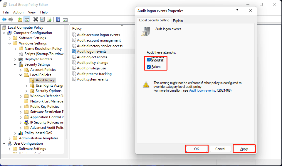enable Audit logon events on Windows 11
