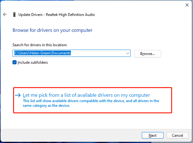 let me pick from a list of available drivers on my computer