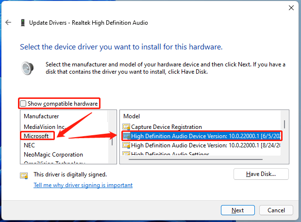 show and select Microsoft High Definition Audio Device Version