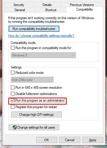 Check Run this program as an administrator