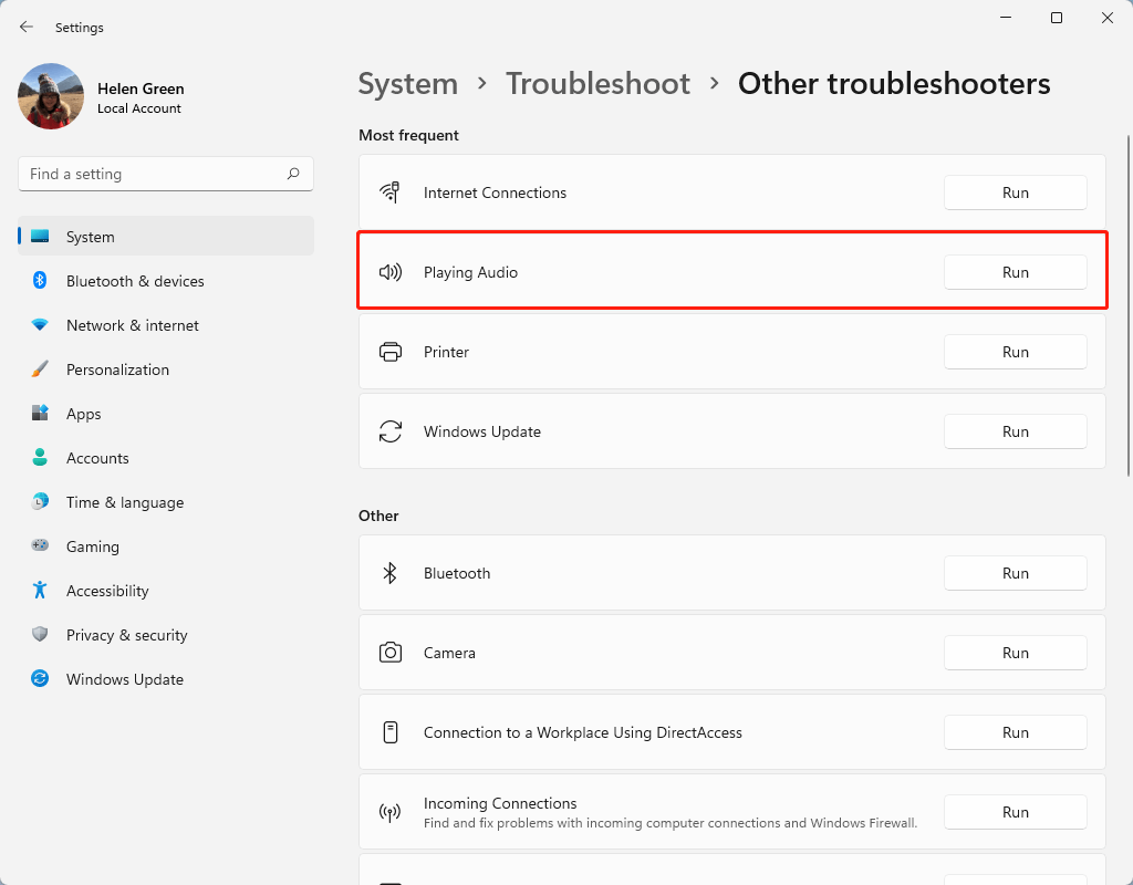 run playing audio troubleshooter