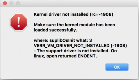 VirtualBox kernel driver not installed (rc=-1908)