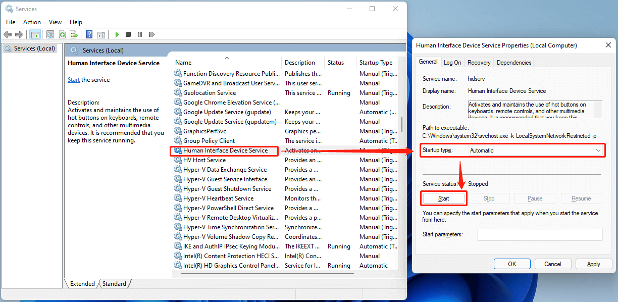 start Human Interface Device service