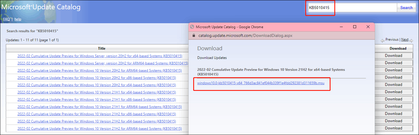 Windows 10 KB5010415 in Microsoft Update Catalog