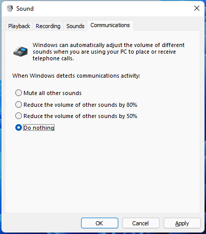 do nothing when Windows detects communications activity