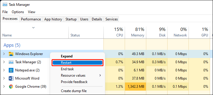 restart Windows Explorer