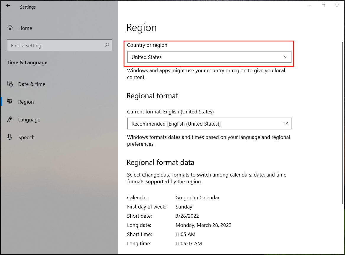 change region Windows 10