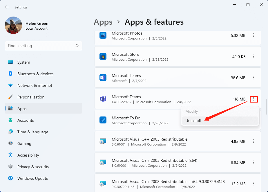 uninstall app from Windows 11 Settings