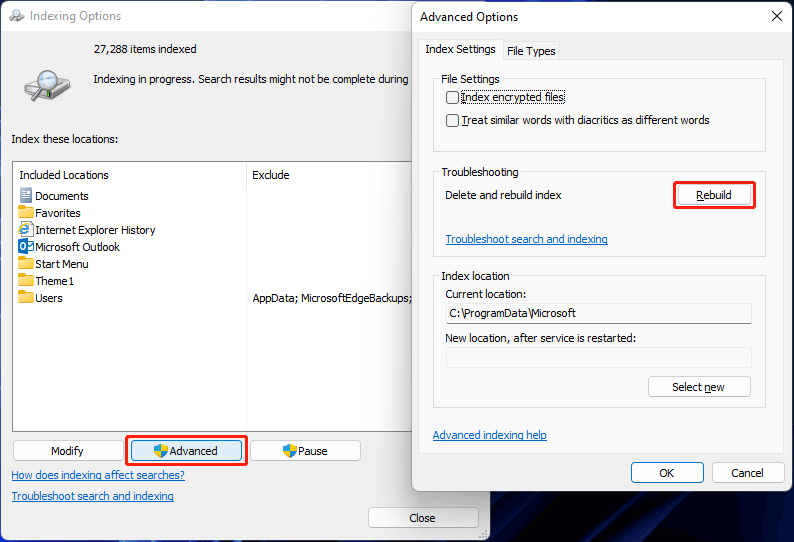 rebuild Search indexing