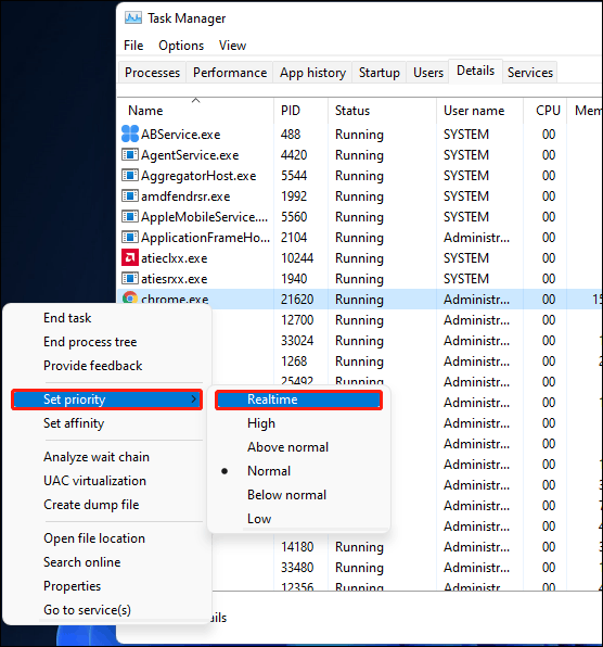 set priority to realtime using Task Manager