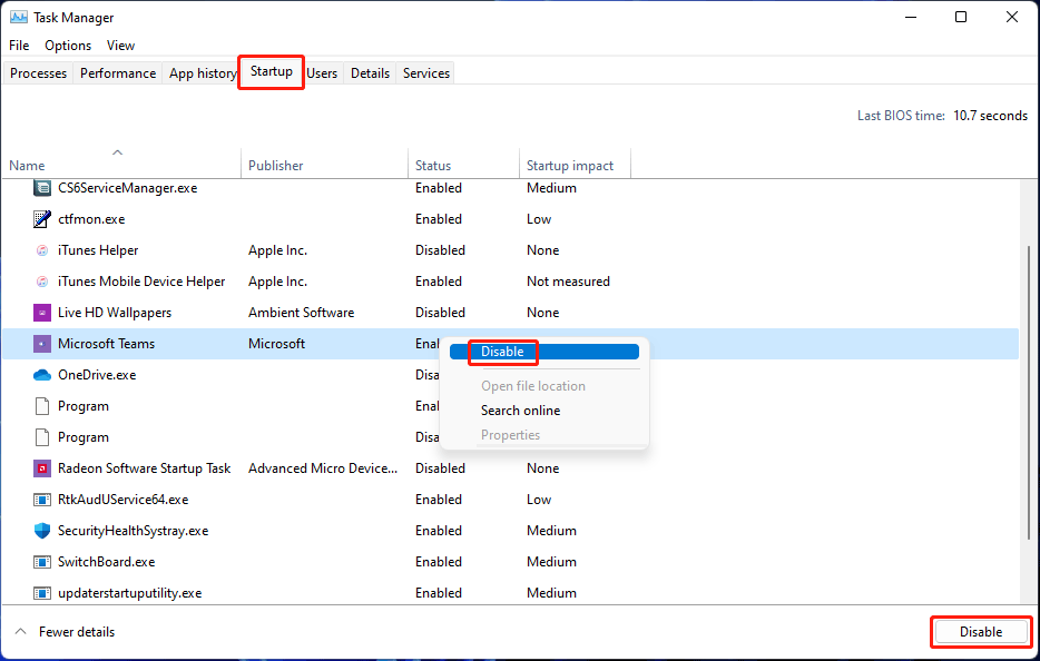 disable Microsoft Teams from startup via Task Manager
