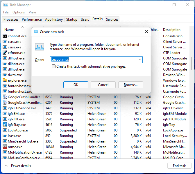 open Local Security Policy through Task Manager