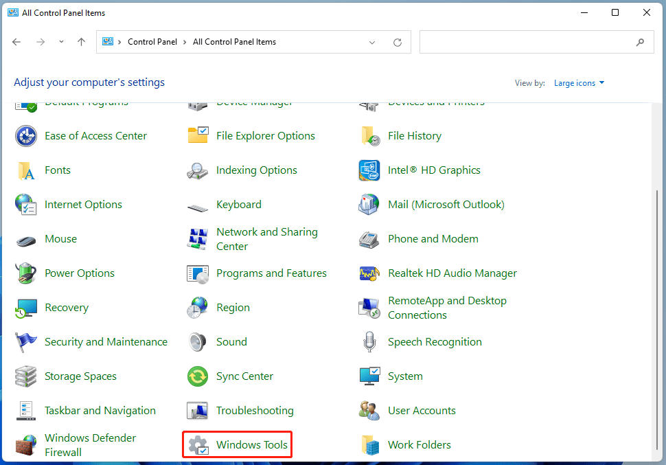 access Windows Tools from Control Panel