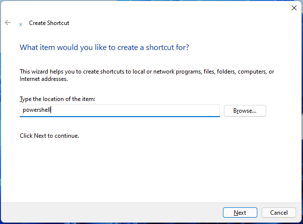 create PowerShell desktop shortcut