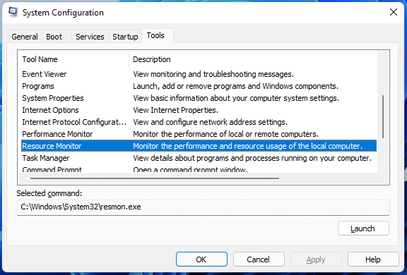 open Resource Monitor from System Configuration