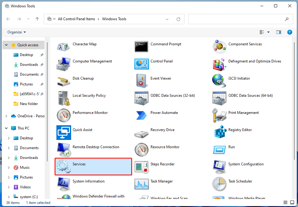 open Services in Windows Tools