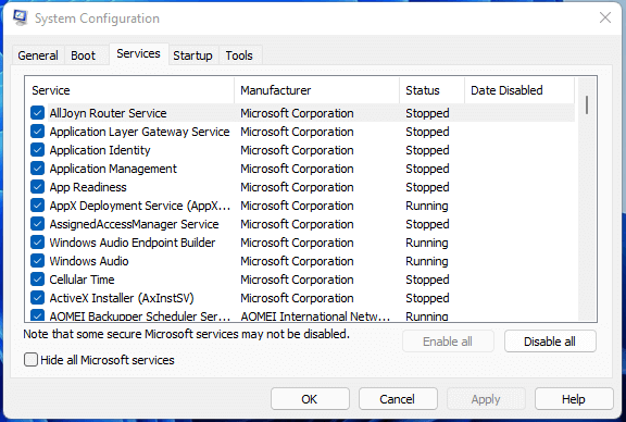 services in System Configuration