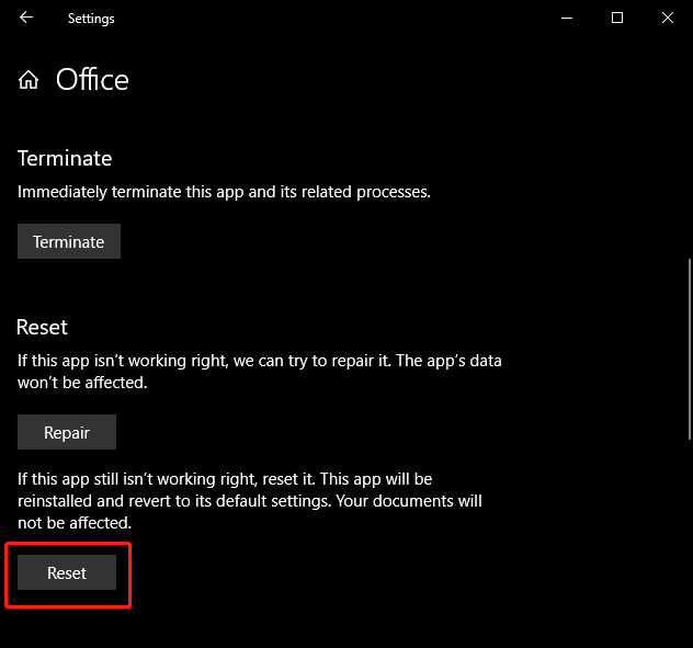 reset Microsoft Office to default settings