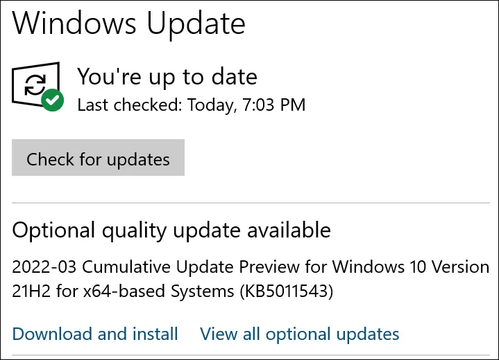 Windows 10 KB5011543 in Windows Update