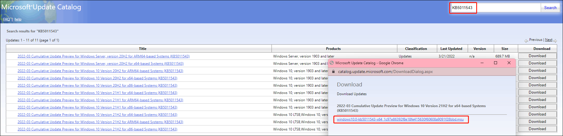 download a Windows 10 KB5011543 offline installer