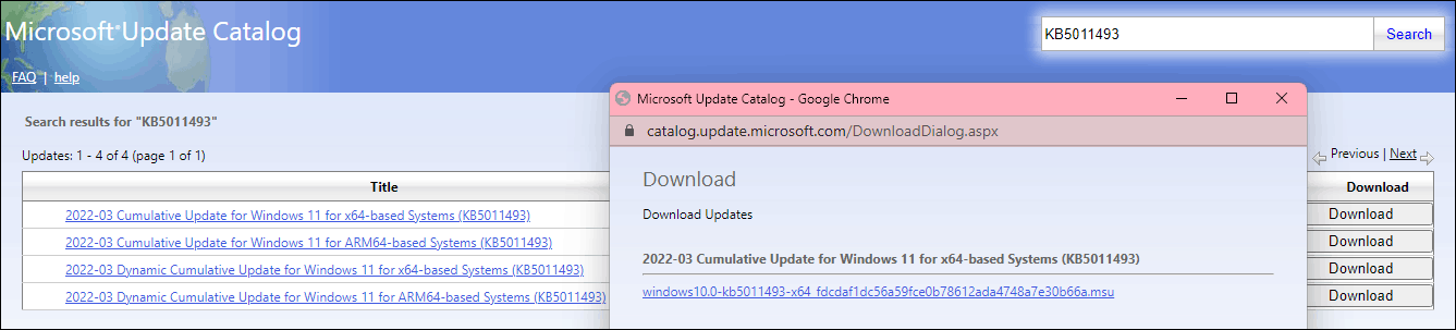 download Windows 11 KB5011493 from Microsoft Update Catalog