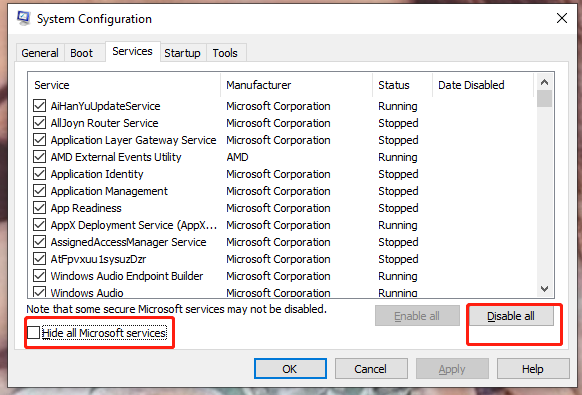 click hide all microsoft services and disable all