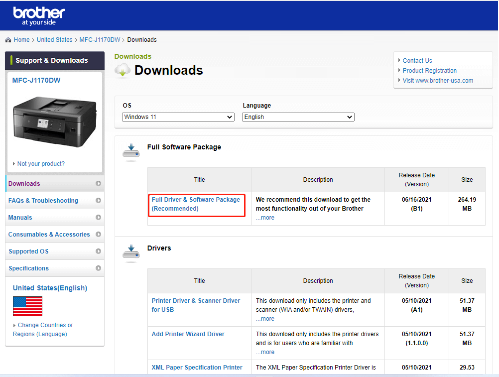 choose the Brother printer driver package to download