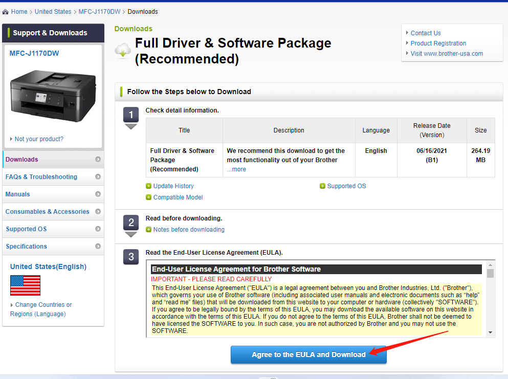 agree to the EULA and download Brother printer driver
