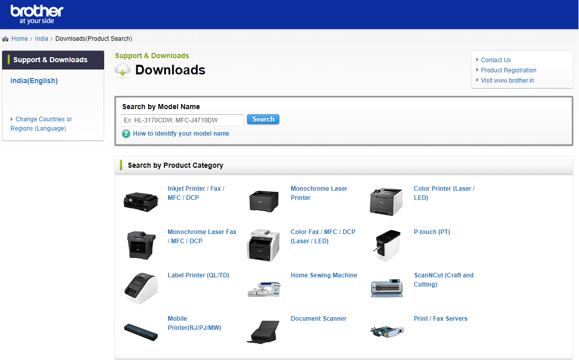 search Brother product model number for drivers