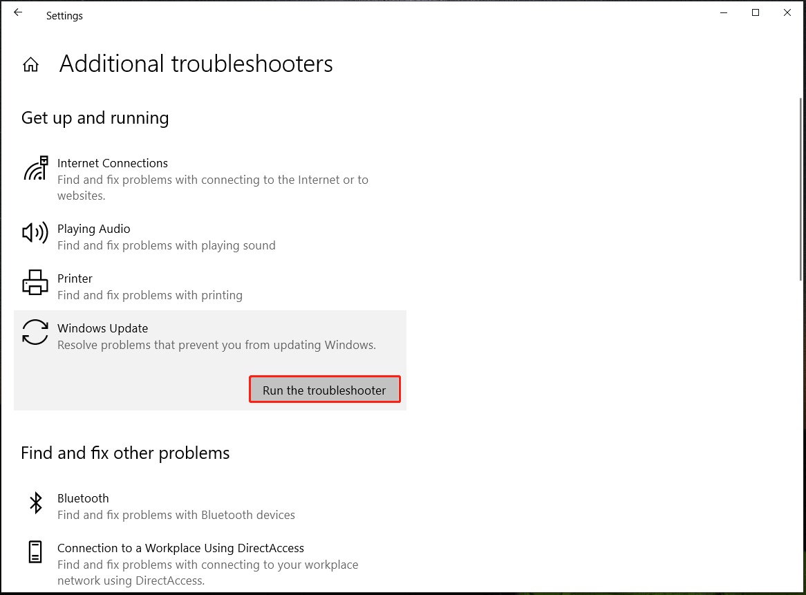 run Windows Update troubleshooter