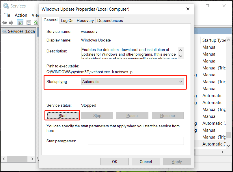 enable Windows Update service
