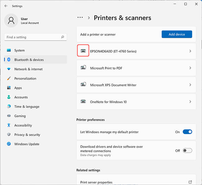 Epson product in Windows 11 Settings