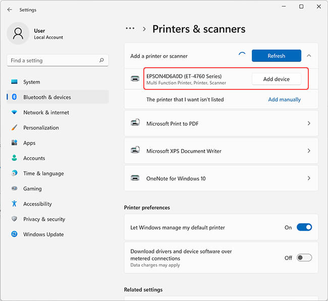 add Epson device to Windows 11