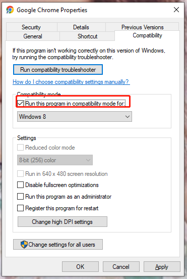 check Run this program in compatibility mode for