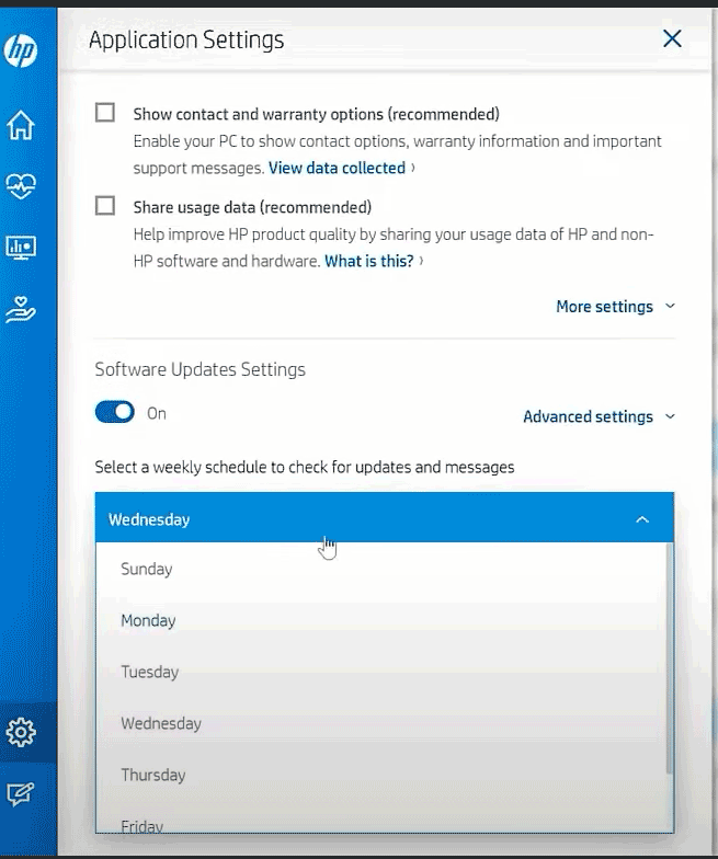 software update settings of HP Support Assistant