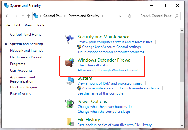 click windows defender firewall